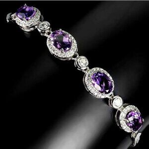Natural Purple Amethyst 7x5mm & Cz 925 Sterling Silver Bracelet 7"